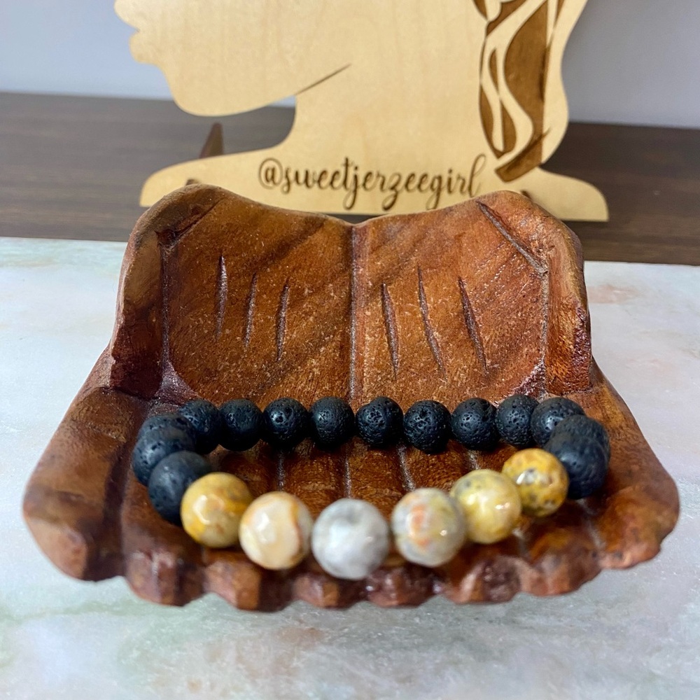 Handmade Unisex Crazy Lace Agate Lava Bead Bracelet 10mm - Picture 4 of 8